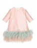 Pink Taffeta Tea Length Wedding Flower Girl Dress With Feathers